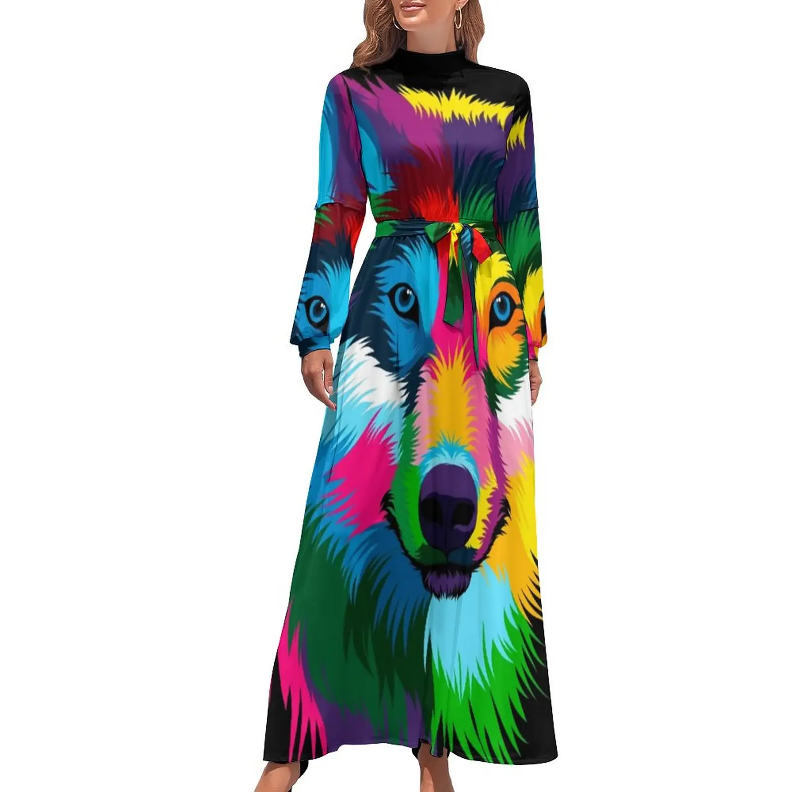 Wolf Head Dress Long Sleeve Funny Animal Print Sexy Maxi Dress High Waist Casual Design Boho Beach Long Dresses Birthday Gift