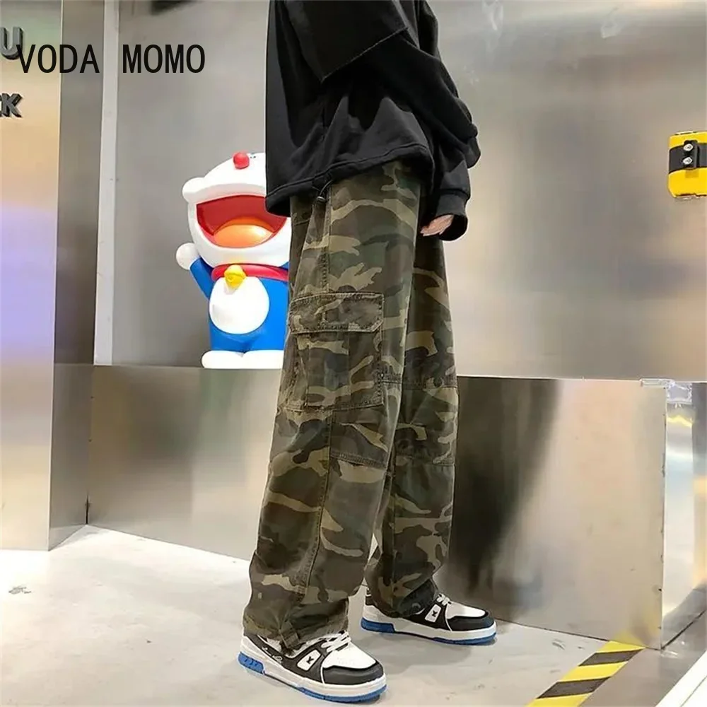 

2025 Camouflage Women Cargo Pants Grunge Elastic Waist Hip Hop Sweatpants Unisex Joggers Trousers Vintage Pockets Wide Leg Pants