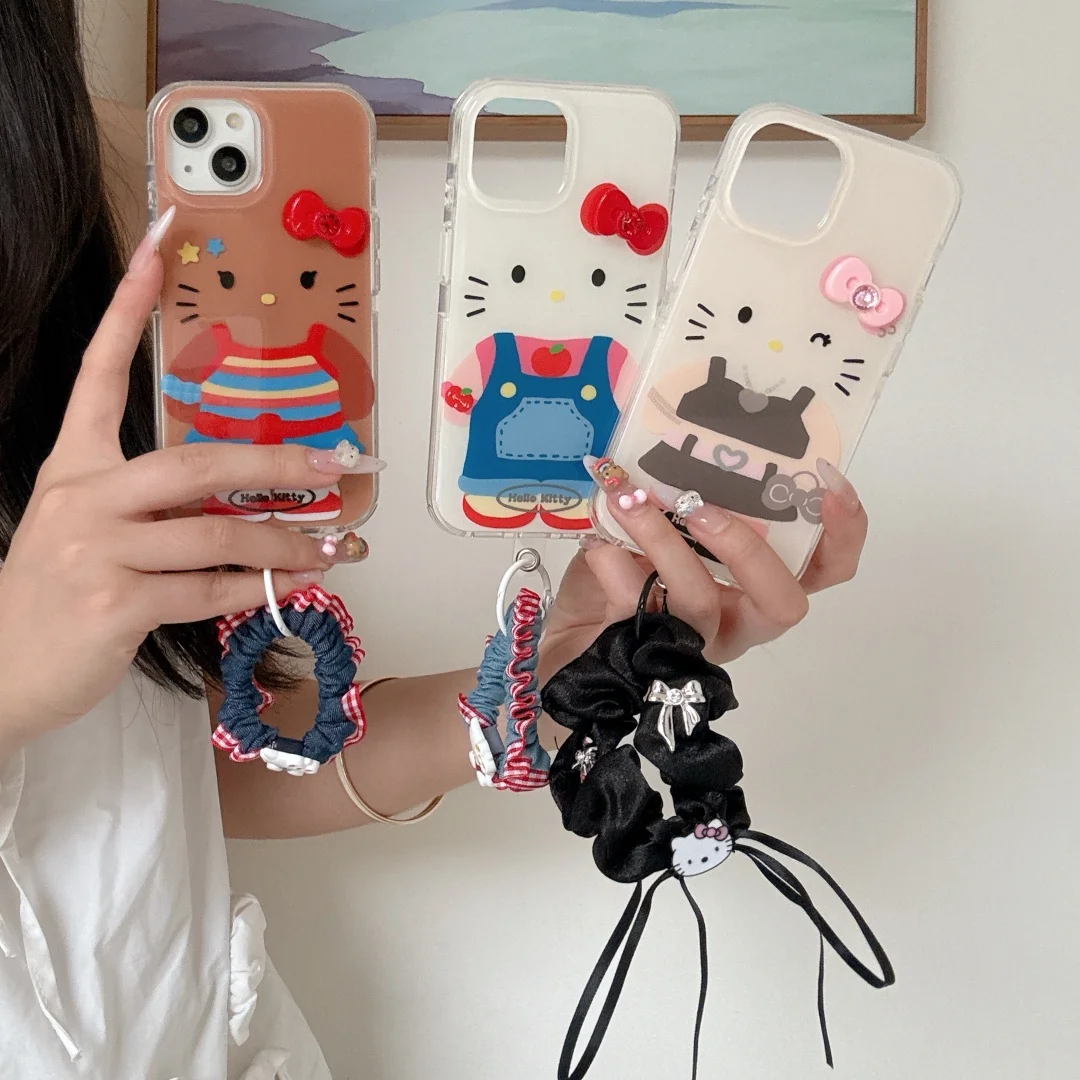 

Ins Y2k Hello Kitty Hair ring lanyard Phone Case For iPhone 16 Pro Max 15 14 13 Pro Max shockproof Back Cover