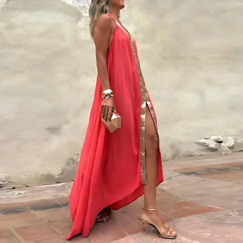 

Summer High Waist Hollow Out Vacation Dress Elegant Backless Split Chiffon Dresses Fashion Color Blocked Sleeveless Halter Dress