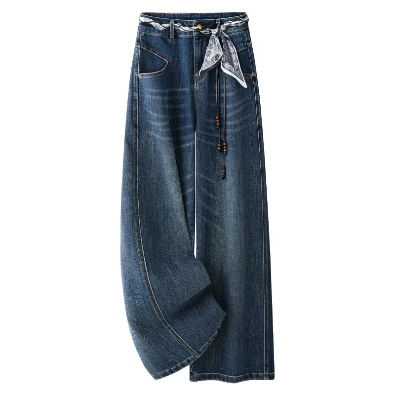 Jeans vintage blu stretti a gamba larga da donna, stile coreano autunnale con sciarpa, pantaloni dritti a vita alta drappeggiati dimagranti