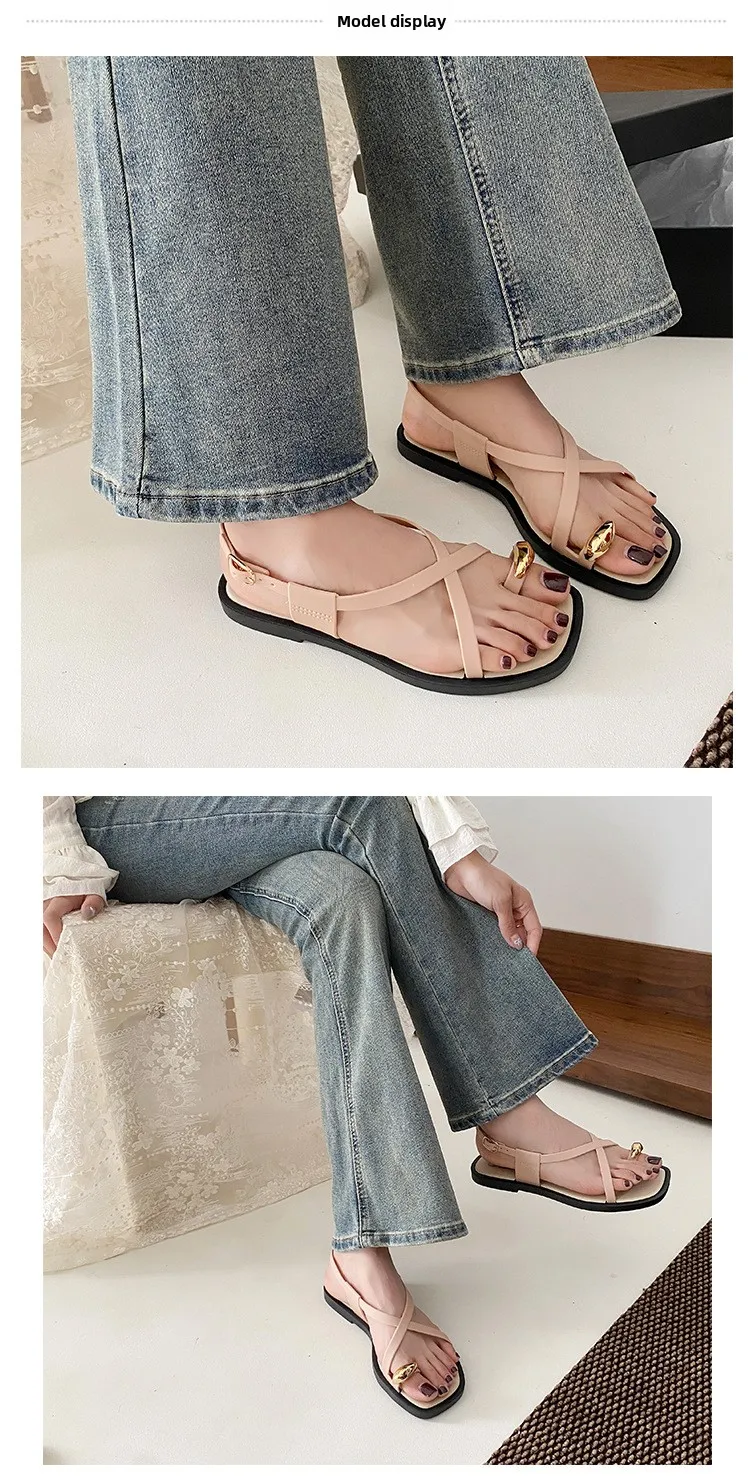 2026 Damen Sandalen mit flachem Absatz, Zehenclip, lässige Römersandalen, Sommer, schmaler Riemen, Knöchelschnalle, Strandschuhe für Damen – Detail 7