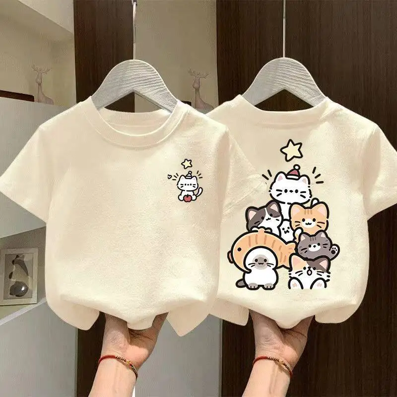 Round Neck Pure Cotton Short Sleeved T-shirt Summer Children's Cartoon Printed Stylish Versatile Half Sleeved Parent-child Top