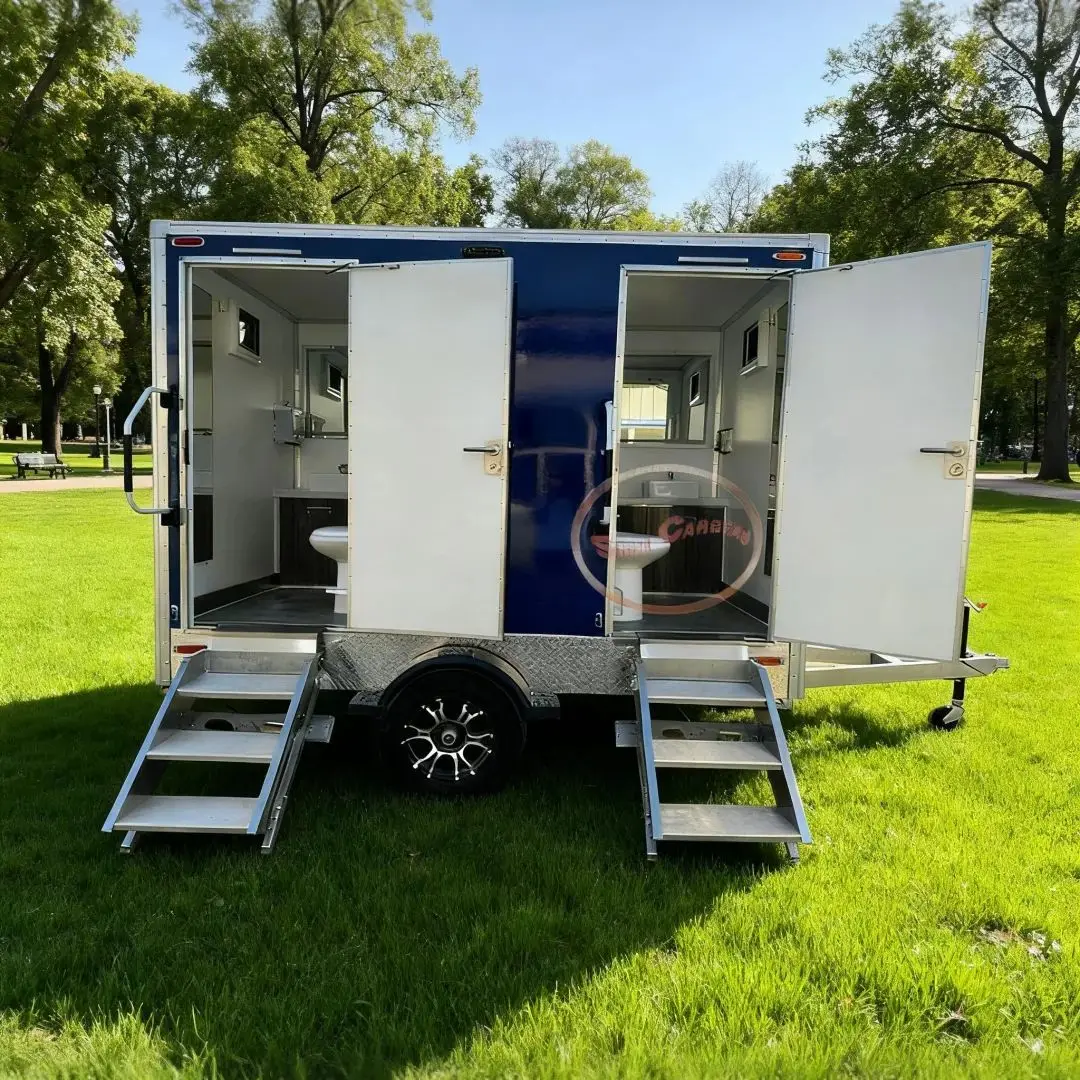 

Dark Blue Portable Restroom with Silver Metal Frame Independent Sanitary Space Outdoor Mobile Toilet with Toilet Sink And Mirror