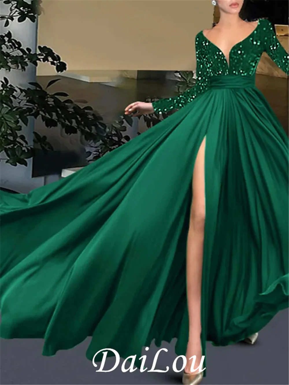 A-Line Evening Dresses Sparkle & Shine Dress Prom Court Train Long Sleeve V Neck Satin Chiffon with Sequin Slit