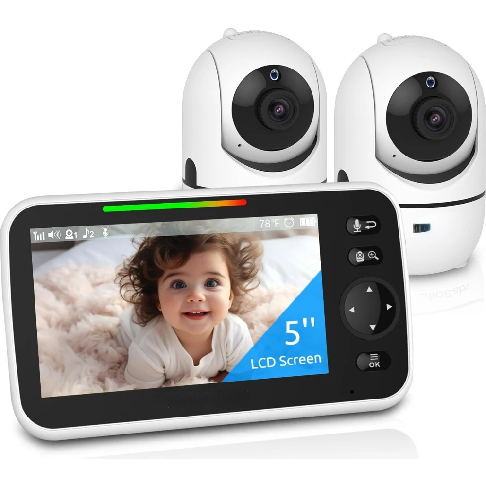 Upgrade 5’’ Baby Monitor with 26-Hour Battery, 2 Cameras Pan-Tilt-Zoom, 1000ft Range Video Audio Baby Monitor No WiFi, VOX