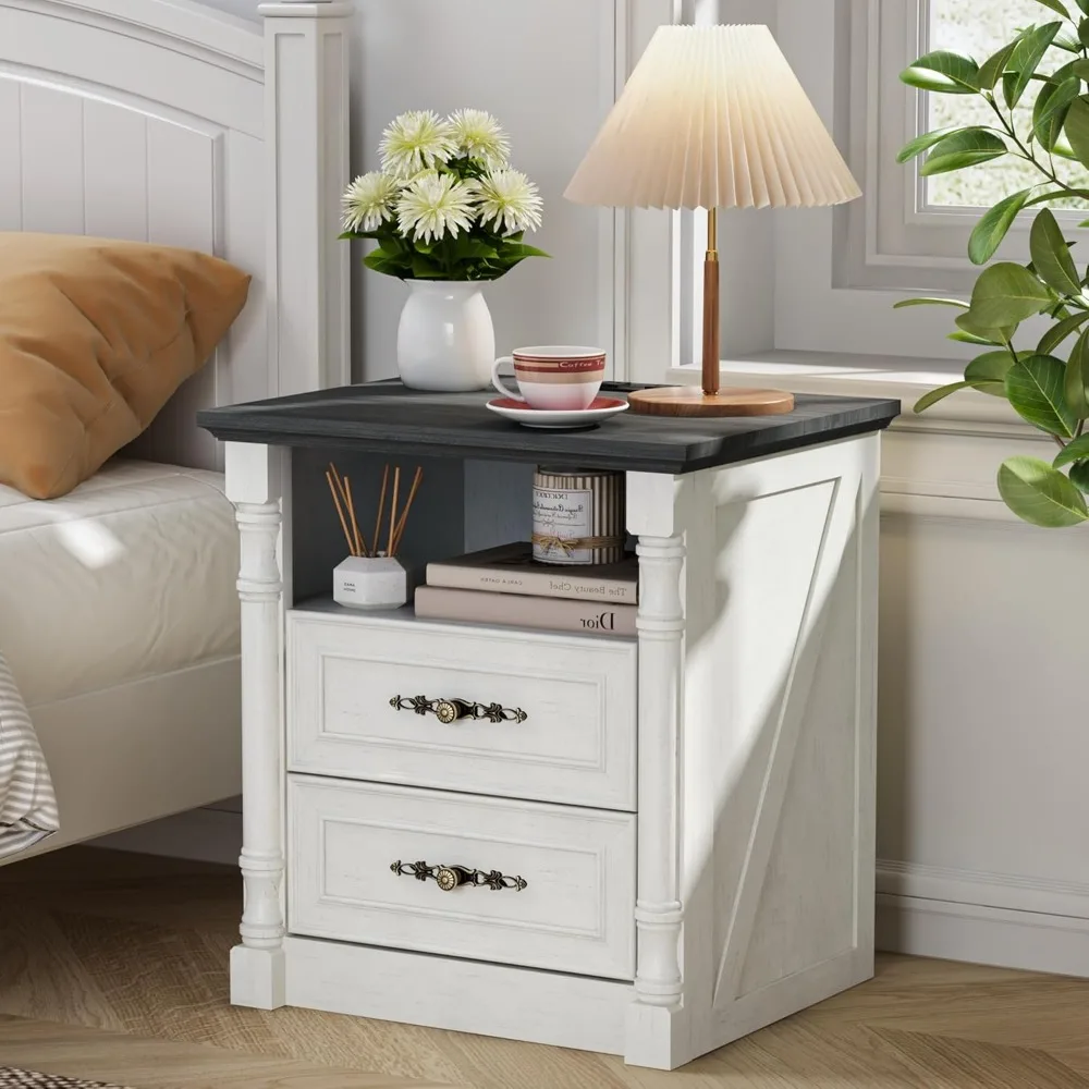 24 Farmhouse Nightstand with Charging Station, Wood Night Stand with 2 Drawers, End Bedside Table Storage Cabinet with Open Shel
