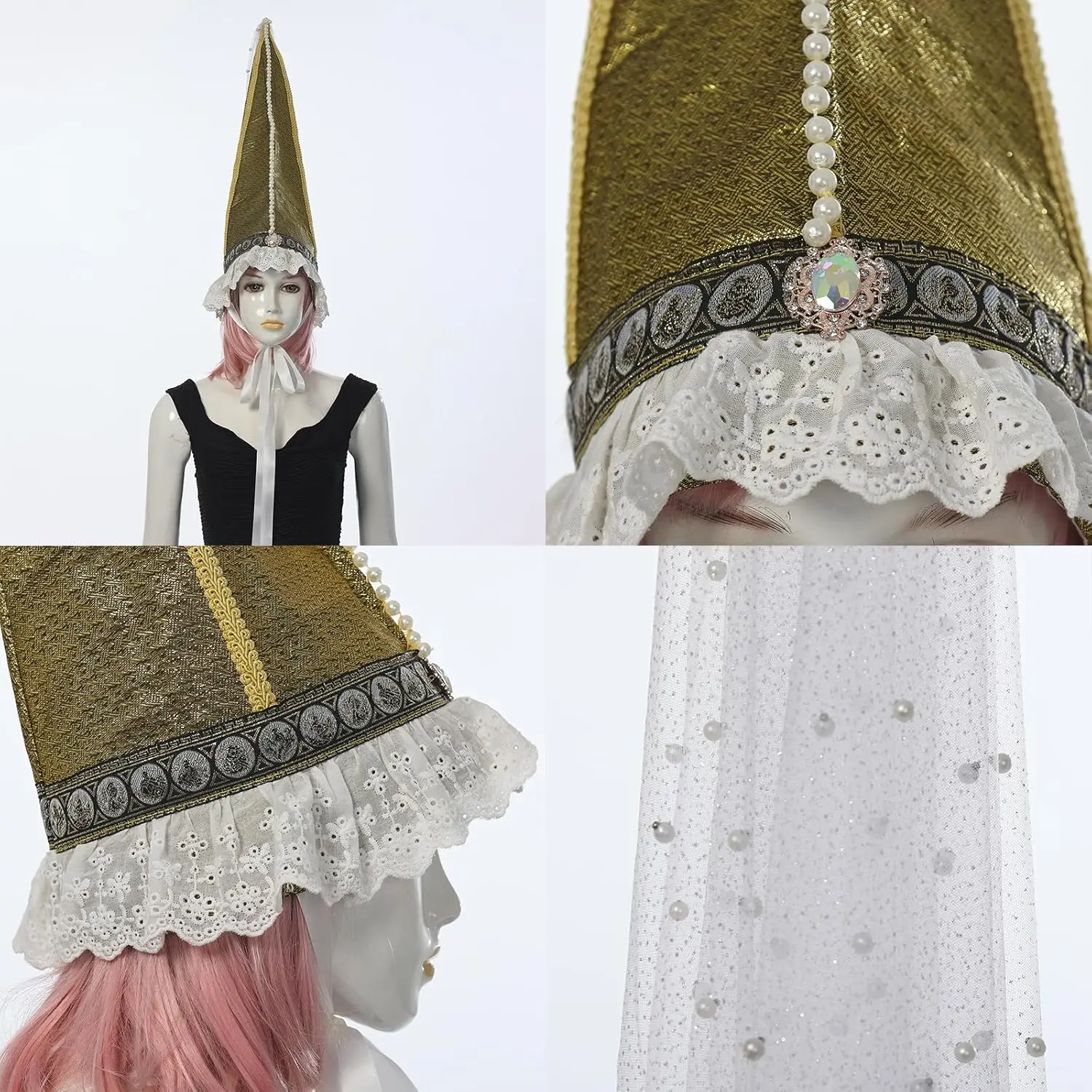 Middeleeuwse Hennin hoed met sluier kegel puntige hoed Renaissance clown heks cosplay Halloween accessoire