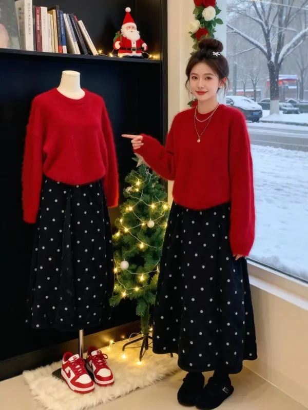 

Red Sweater Polka Dot Half Skirt Two Piece Set Gentle Style Unique Beautiful Spring Fashion Women's Comfortable Midweight Win...