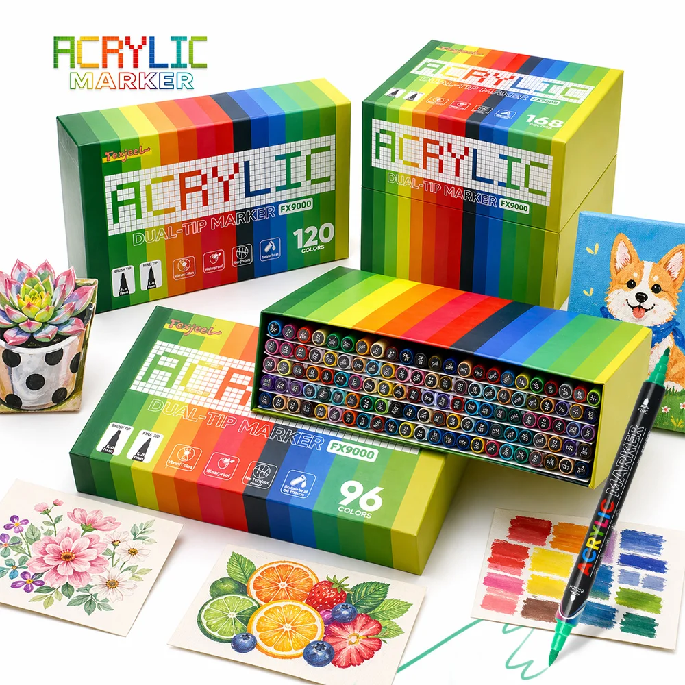 1 Piece of Dual-Tip Acrylic Marker Pen Set, Available in 96/120/168 Colors, Includes Classic Colors, Metallic Colors, Macaron Colors, and Skin Tones, Four Sets Available, Suitable for Students' Art Drawing, Water-Based Colored Pens for DIY Hand-Painting and Graffiti, Non-Bleeding, Washable, Quick-Drying