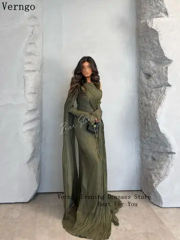 Verngo Grön Glänsande Aftonklänning O-ringning Långärmad Formellt Tillfälle Elegant Plisserad Arabisk Balklänning Skräddarsydd 10 best sales Arabisk förlovningsklänning - №3