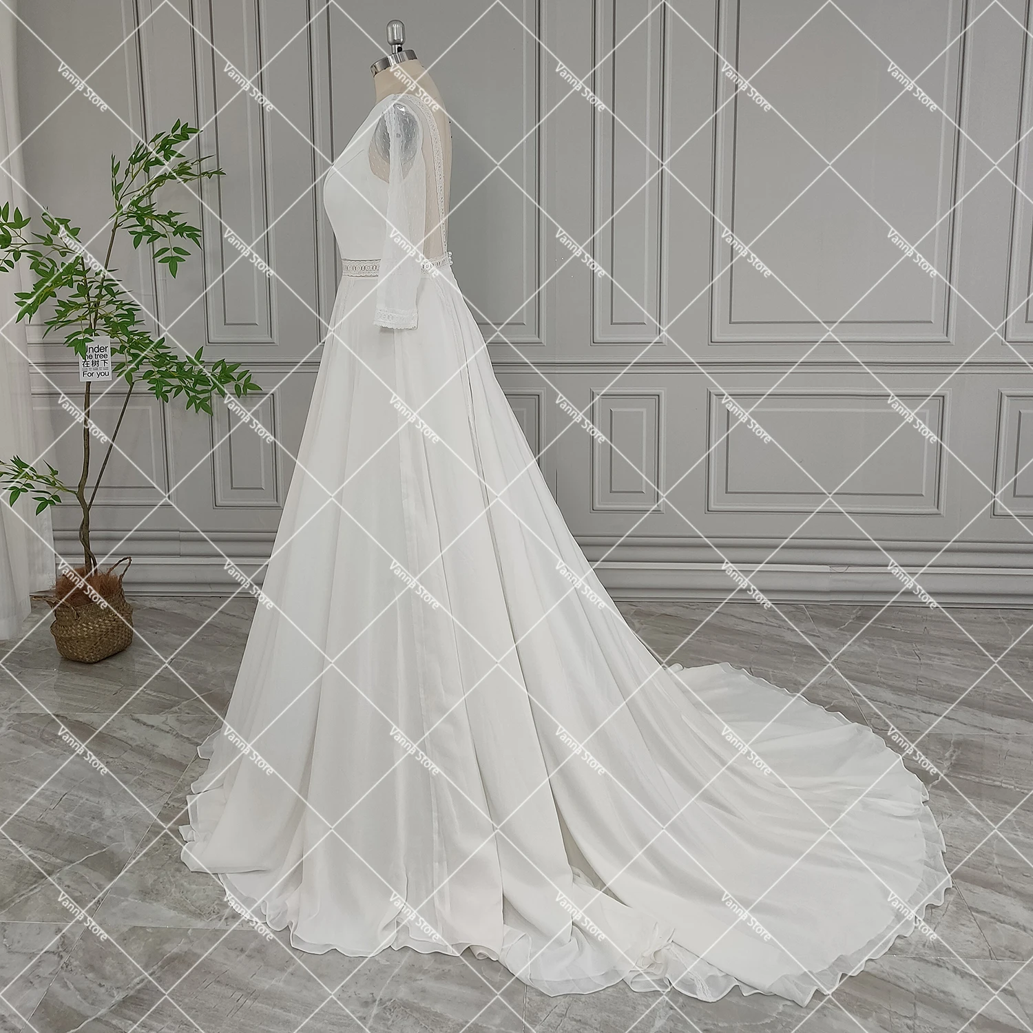 Renda romântica três quartos mangas vestidos de casamento chiffon aberto volta personalizado rústico navio da gota bateau boêmio vestidos de noiva