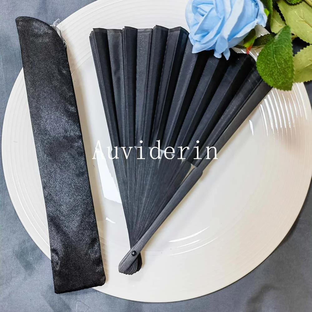 60/20pcs Black Bamboo Hand Fan Personalized for Promotional Gift 21cm Portable Handheld Black Folding Fans Event Party Supplies