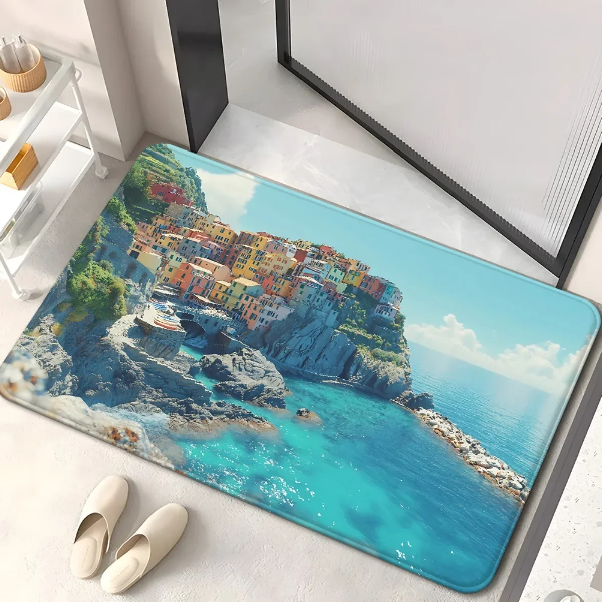 1Pc Coastal Town Sea View Doormat Non-Slip Absorbent Microfiber Rug Bathroom Bedroom Outdoor Entrance