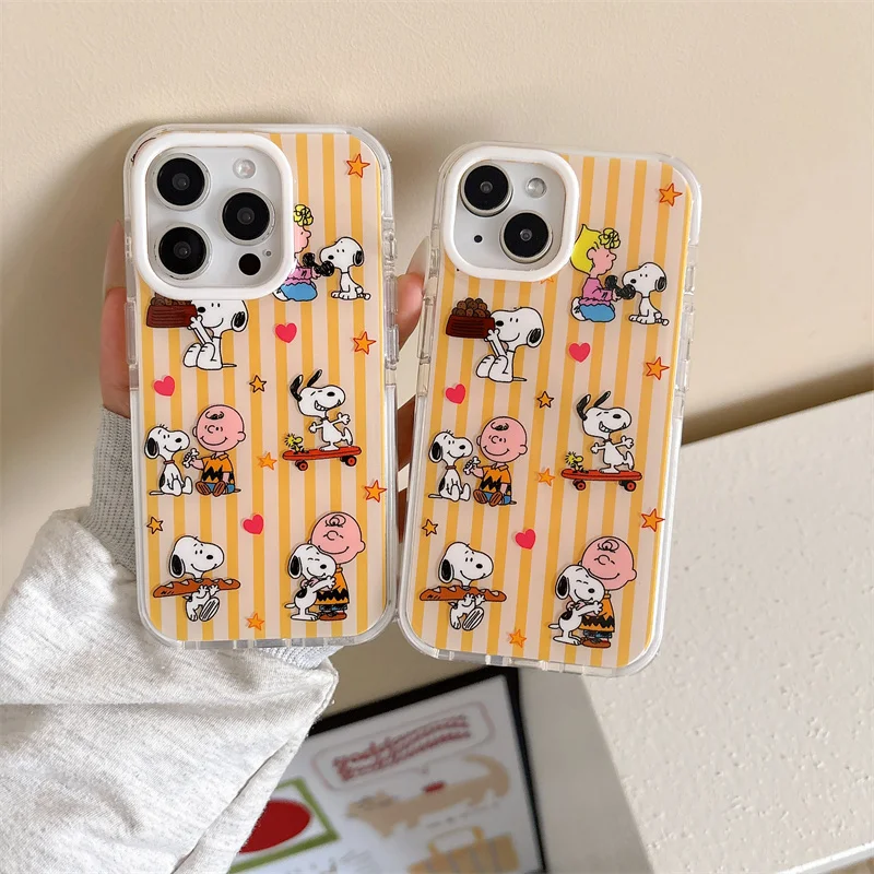 

Cute yellow stripe Snoopy Charlie Phone Case For iPhone 13 14 15 16Pro Max Funny illustration cartoon 3D Love Heart Snoopy Shell