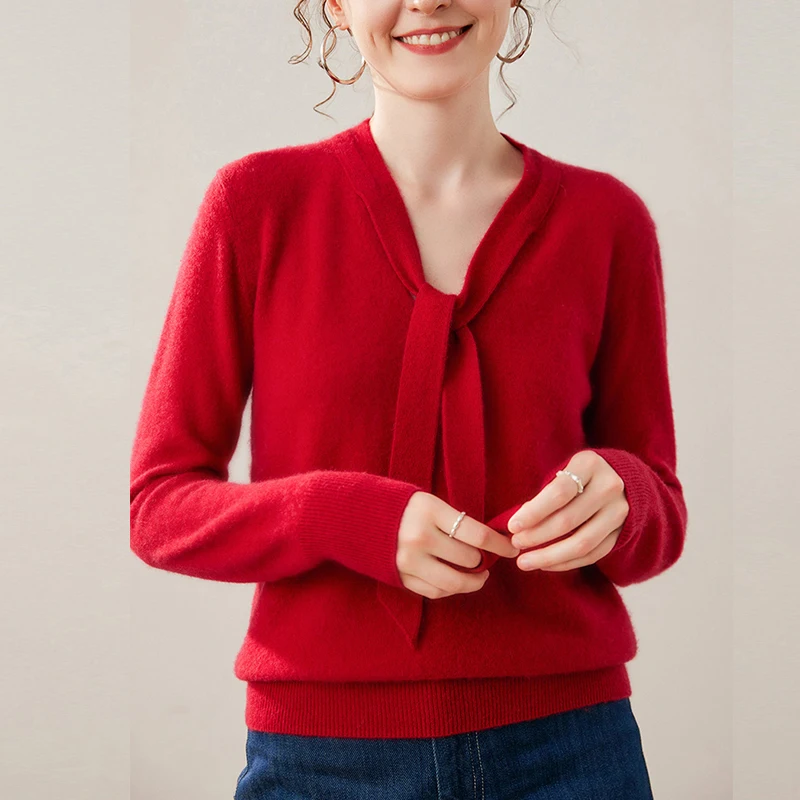 Sweter Kasmir Wanita Musim Gugur Dingin 2025, Kerah V, Tali Ikat, Rajutan Kasmir, Atasan Pullover, Polos, Baju Rajut Wol Wanita