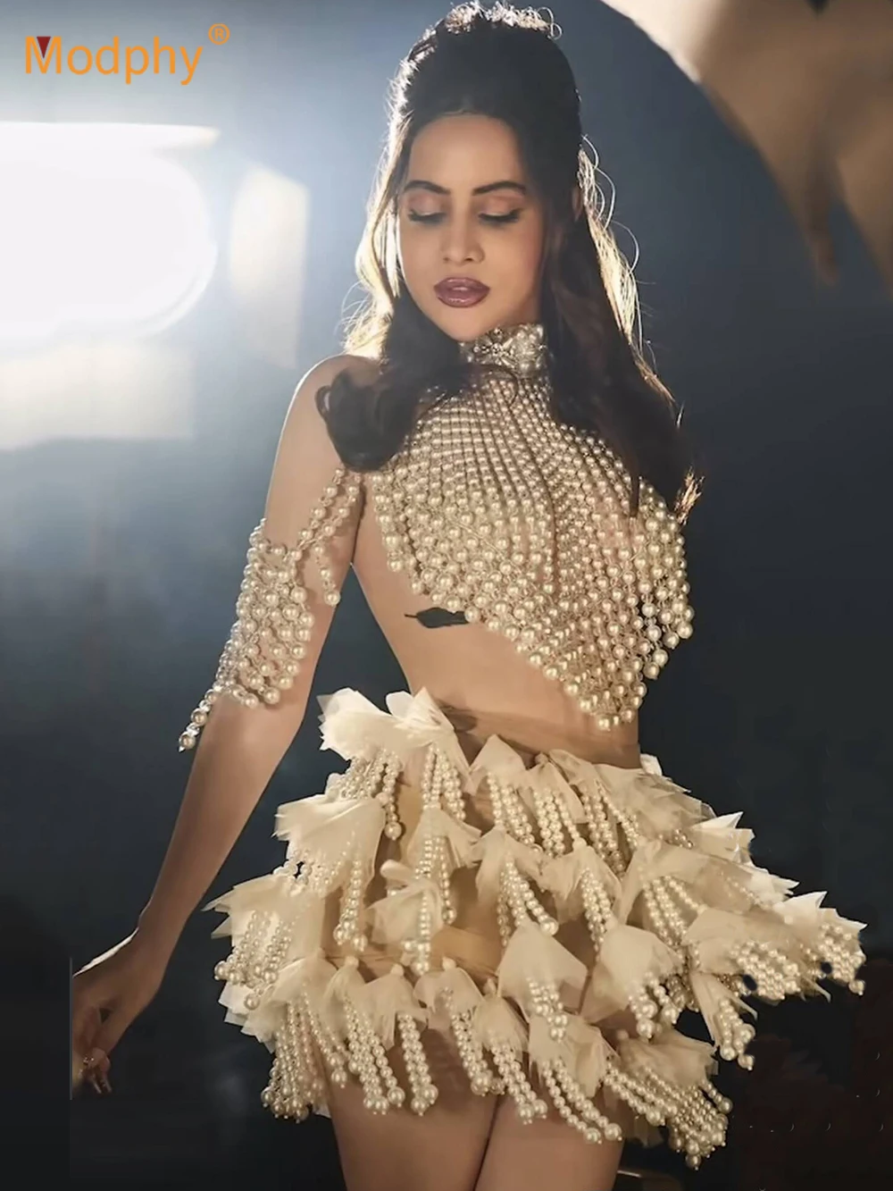 

Modphy Fashion Топ и юбка с жемчугом и бусинами Женский сексуальный топ с открытой спиной и жемчугом + короткая юбка с кисточками Комплект из двух предметов Женский наряд