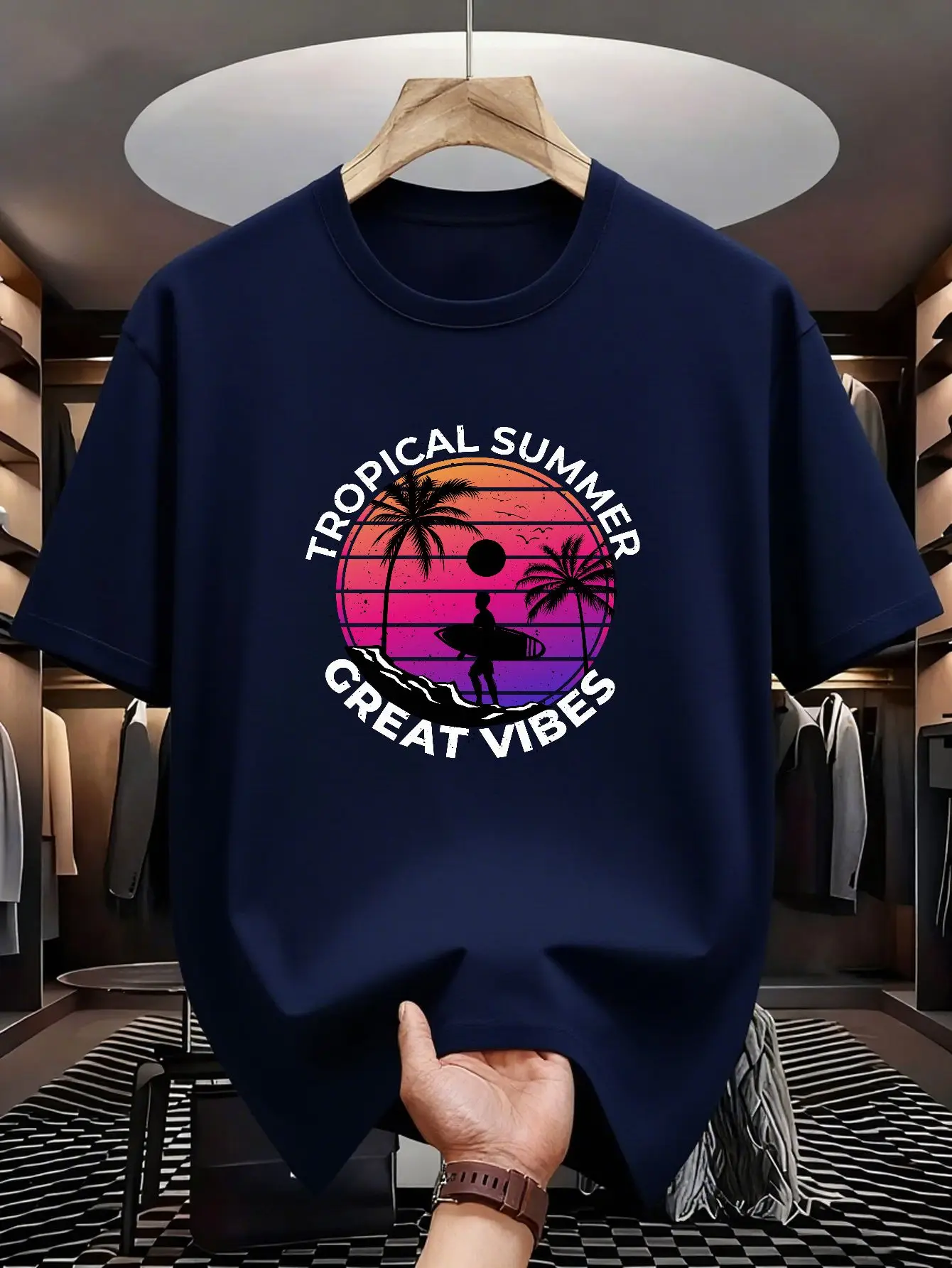 Tropical Sunshine Beach Men'S T-Shirt - Vintage Style Design Featuring a Gradient Circular Sunrise in The Center, Surrounded by