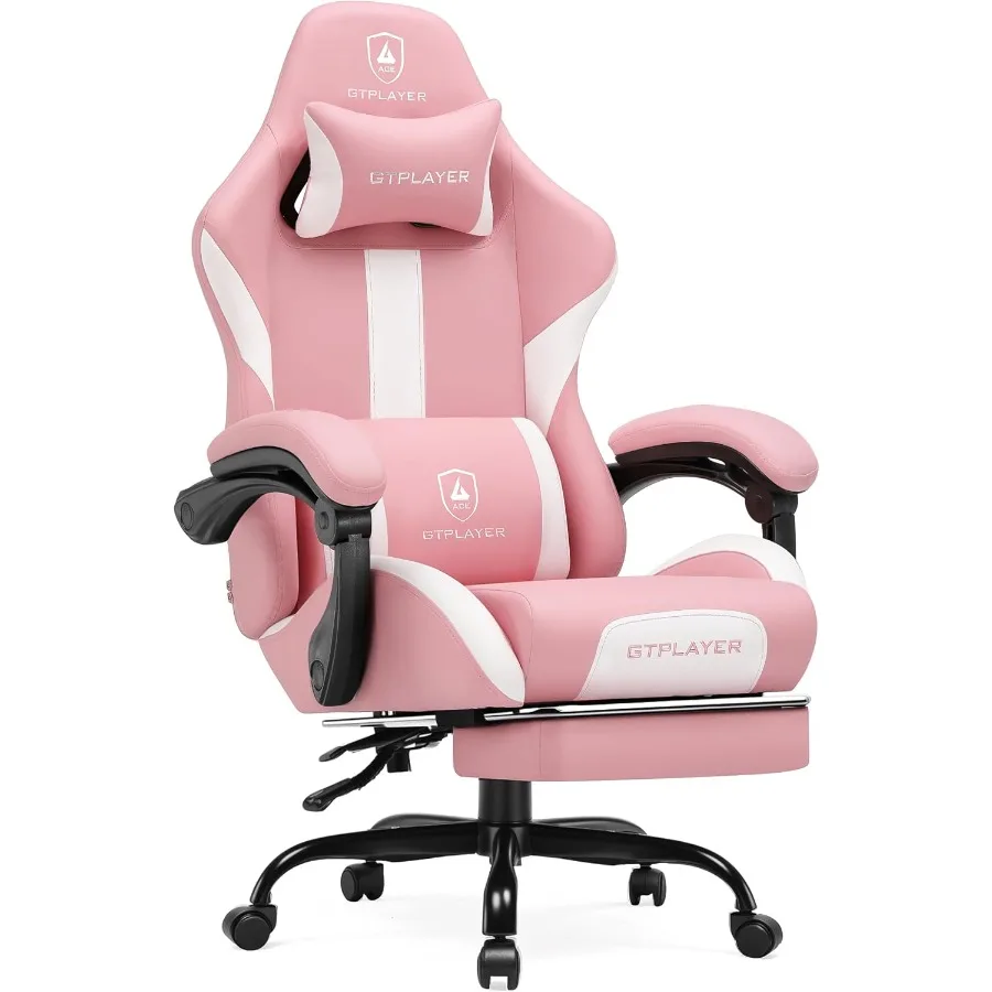 Gaming Chair with Foot Rest Pocket Spring Cushion, Ergonomic High Back Computer Chair for Home Office Desk, PU Leather, Pink, E