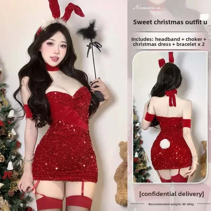 Sexy Christmas Pure Desire Wind Year's Eve Velvet sequin strapless skirt New Year's Eve battle robe bunny girl nightclub party