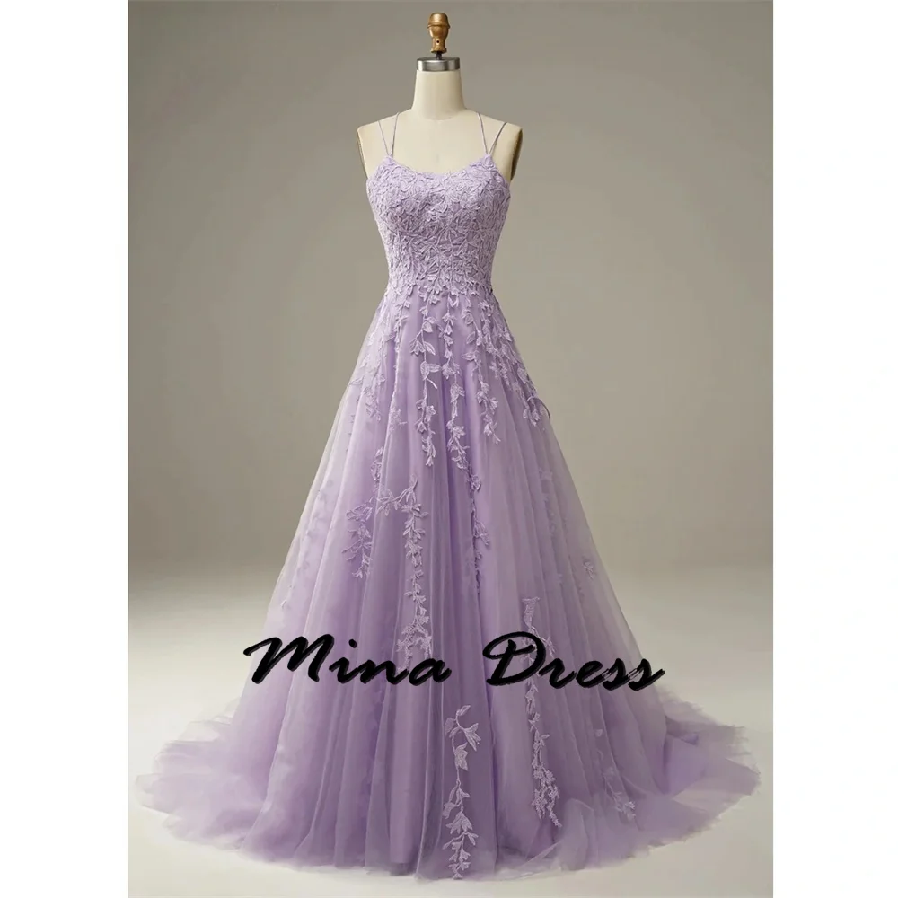 Mina-vestidos de fiesta con apliques bordados, Vestidos de Noche de tul dulce, línea A, púrpura lavanda, vestido de ceremonia pa