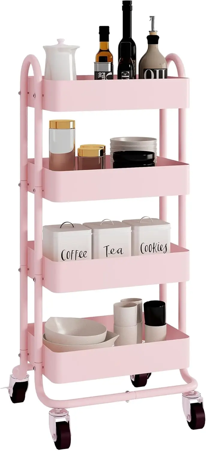 

Pink 4-Tier Rolling Cart with Wheels & Handle, Metal Utility Storage for Kitchen Office Home Garden (13.4x18.1x40in)