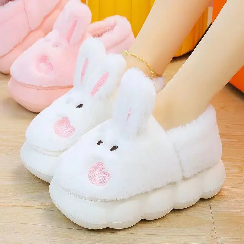 Fashion Girls Kawaii Bunny Slippers with Ears High Platform Small Girl Increaing Height shoes Indoor Short Plush Warm Slippers