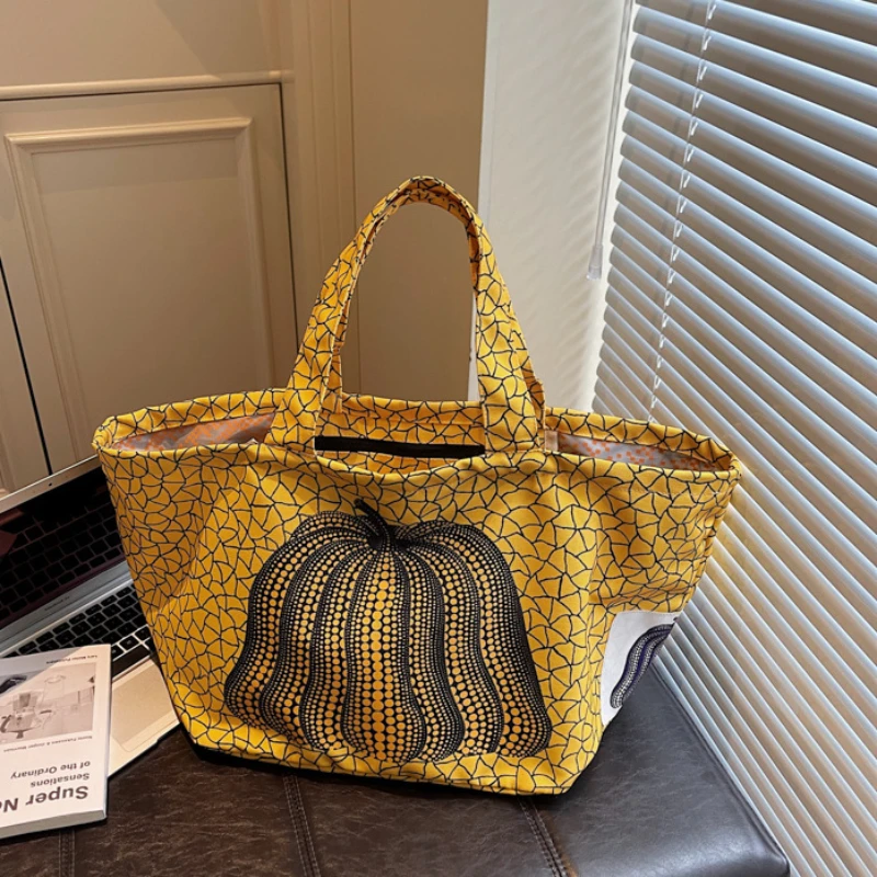 

Polka Dot Pumpkin Abstract Plant Print Tote Bag,Ethnic Folk Style Women Canvas Shoulder Bag,Student Shopper Large Handbag