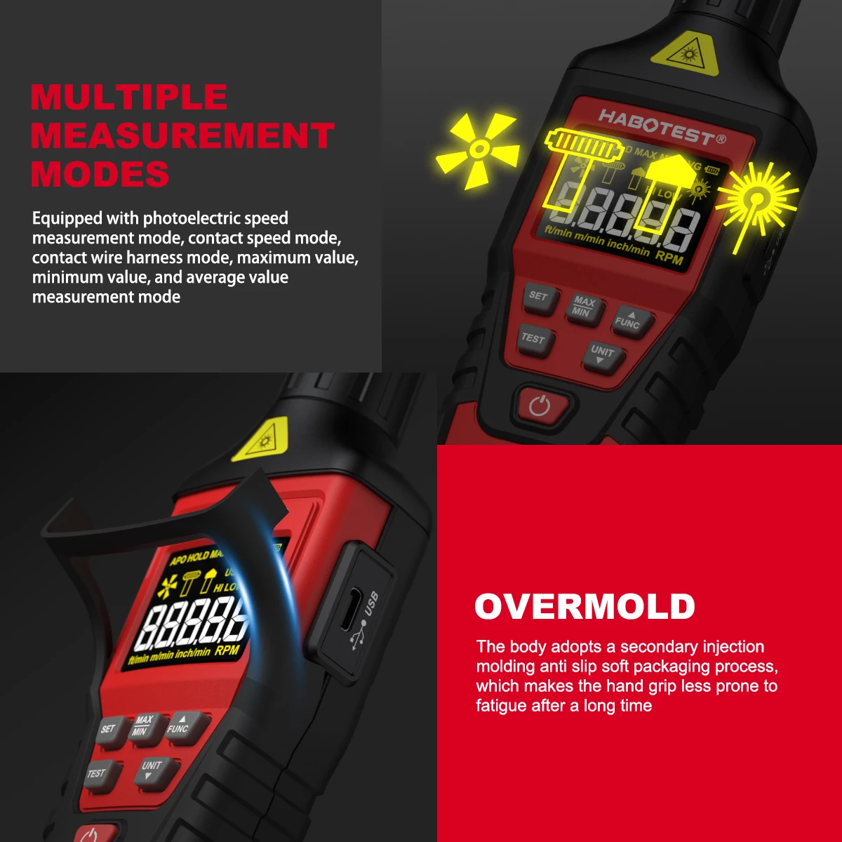HABOTEST HT671 2-in-1 Kontakt- und Berührungsloser Laser-Tachometer (umschaltbarer Modus) 10-99999 Zählbereich Wiederaufladbarer Tachometer – Detail 10