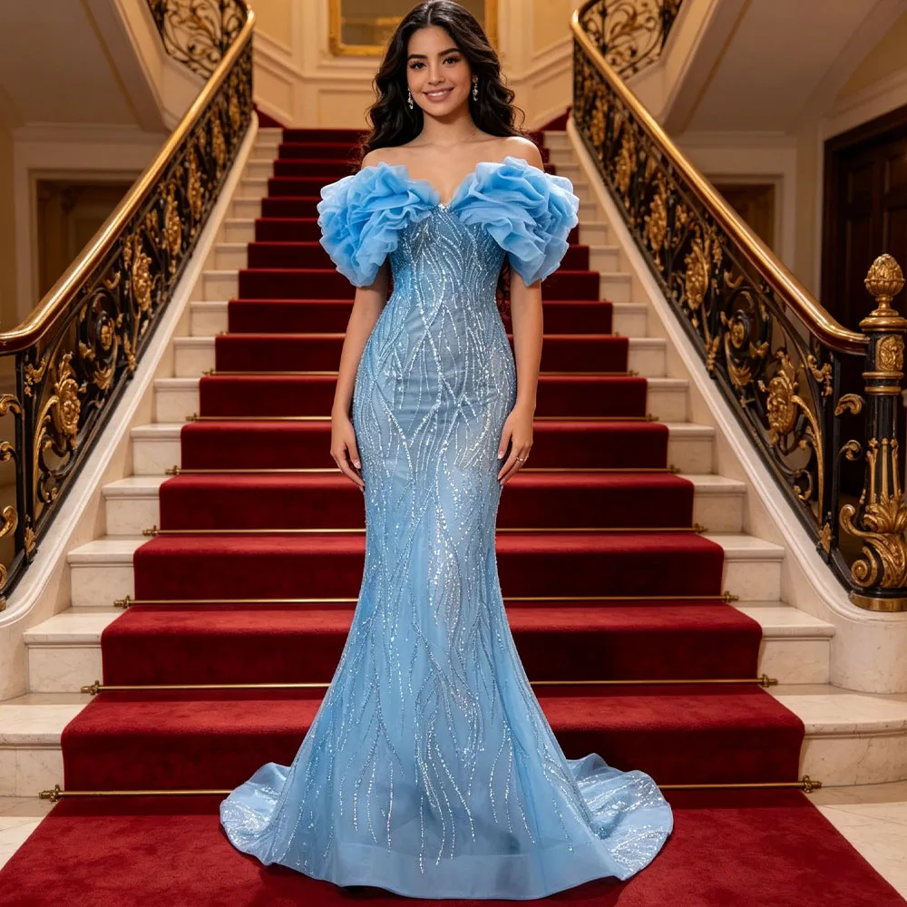 Robe De Luxe Blue Sweetheart Off Shoulder Mermaid Evening Party Dress Lace Up Back Sequined Women's Customizable 2026 Soirée