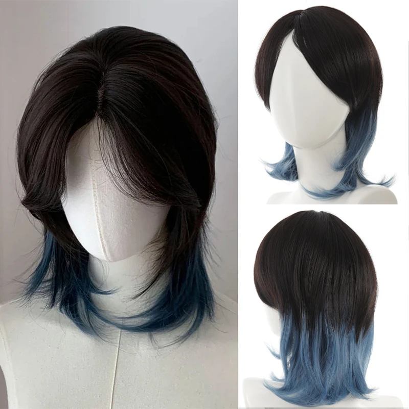 

Long hair, Wolf tail, samurai head, blue highlights, mullet head, unisex full-length wig