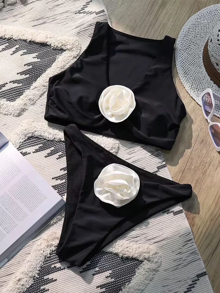 Vzvn 2026 New All Season Backless Bikinis Sexy 3D Floral High Waist Beach Bikinis for Women Split Swimsuit Bikini 2 Piece Set