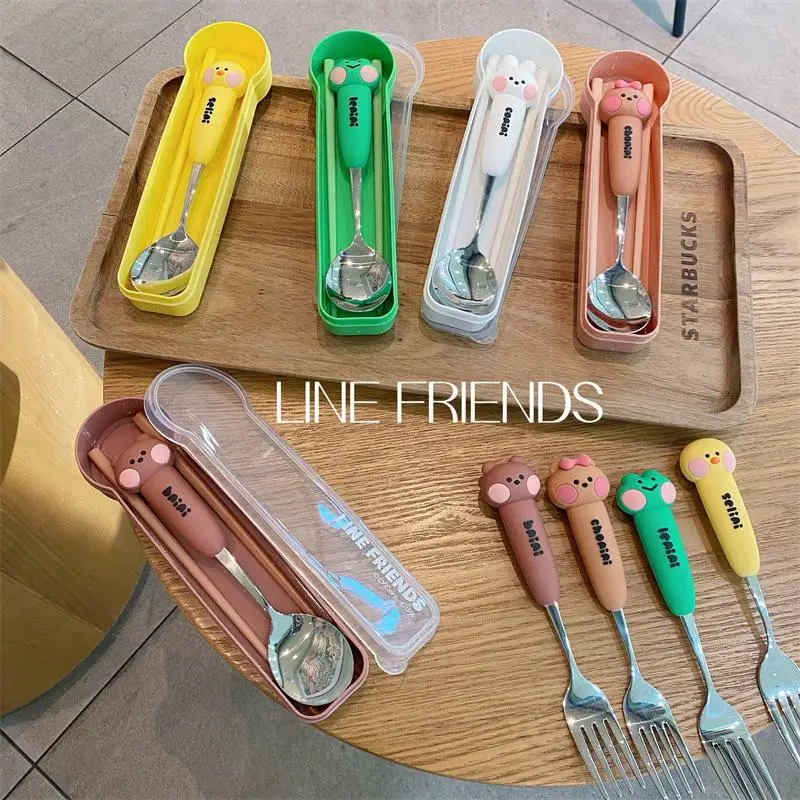 

Kawaii Line Friends Spoon Fork Suit Cartoon Brown Portable Chopsticks Gift Cute Child Cony Stainless Steel Spoon and Fork Gift