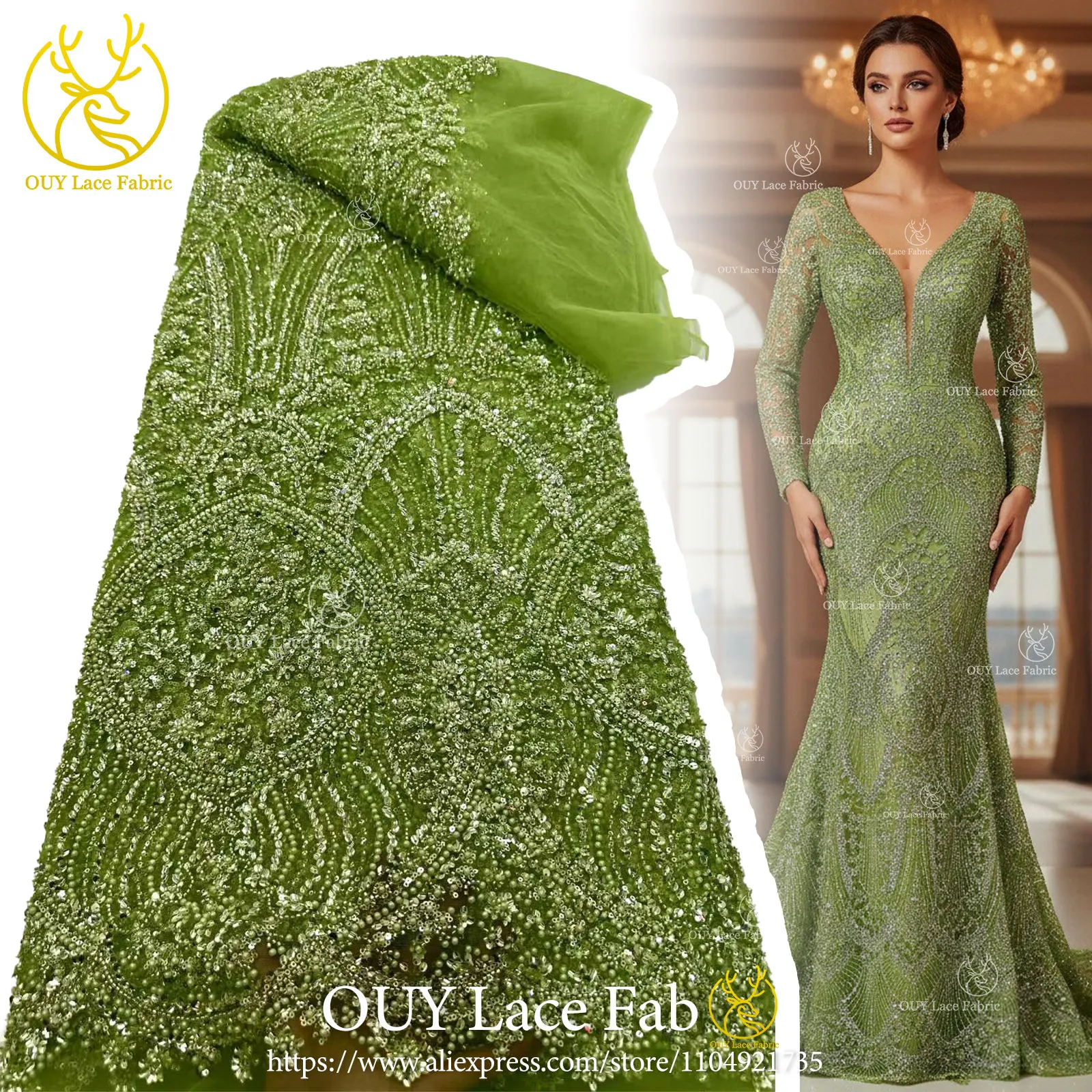 Luxuriöser afrikanischer handbestickter Tüll-Spitzenstoff 2026, hochwertiger nigerianischer Pailletten-Spitzenstoff, geeignet für Partykleid-Nähmaterial – Detail 4