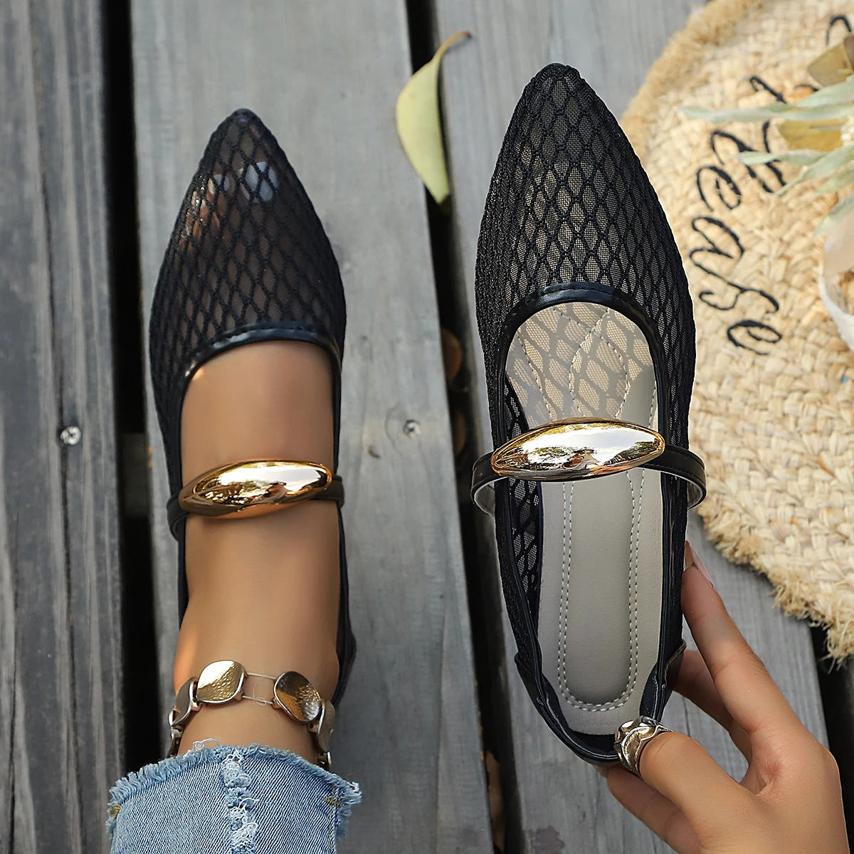 Mesh Black Ballet Shoes Female 2026 Summer New Flat Hollow Mesh Breathable Buckle Strap Single Shoes Fishnet Shoes Woman Sandals