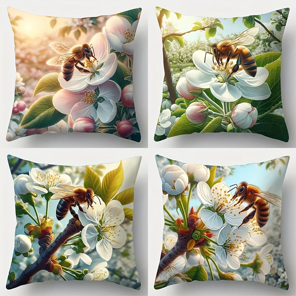 1pc Spring Honey Bee Floral Throw Pillow Covers 2D Flat Printing Machine Washable Non-embroidered