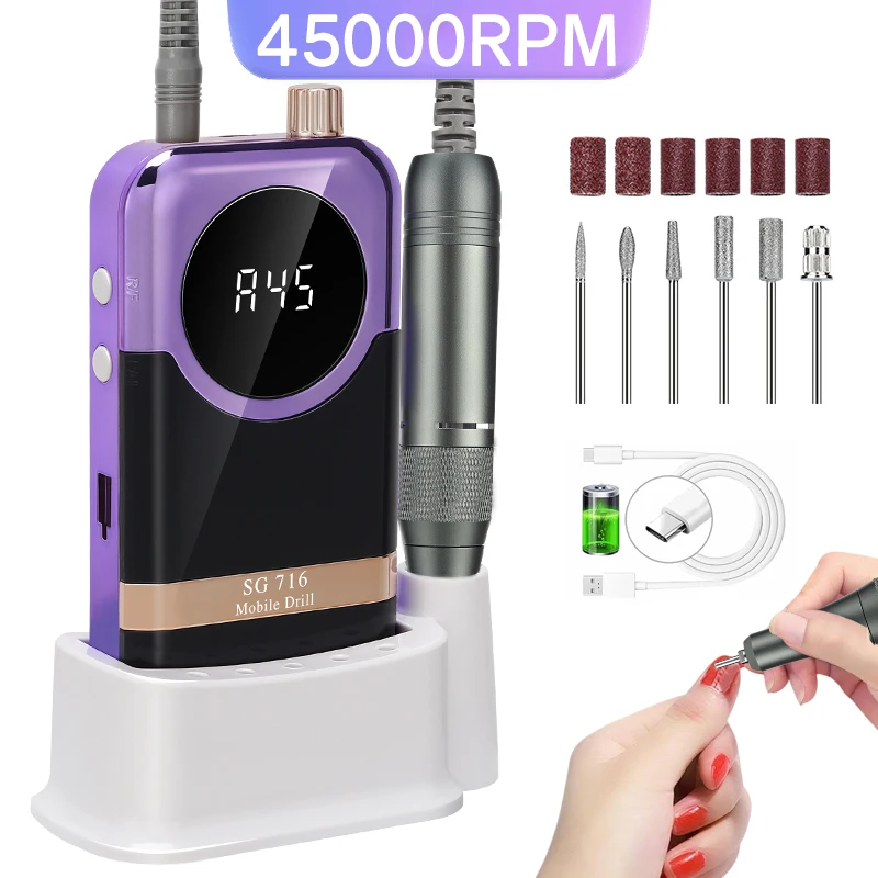 

Профессиональная дрель для ногтей, 45000 об/мин, комплект, перезаряжаемая электрическая шлифовальная машинка для ногтей, пилка для маникюра, гель-лак, удаление шлифования