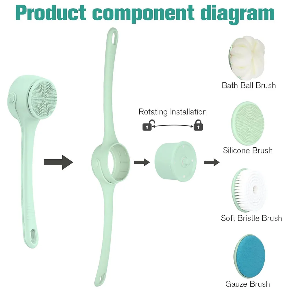 Electric Body Brush with 4 Heads,Back Scrubber for Shower, Waterproof Long Dual Handle Power Body Scrubber, Bath Brush for Clean image 3