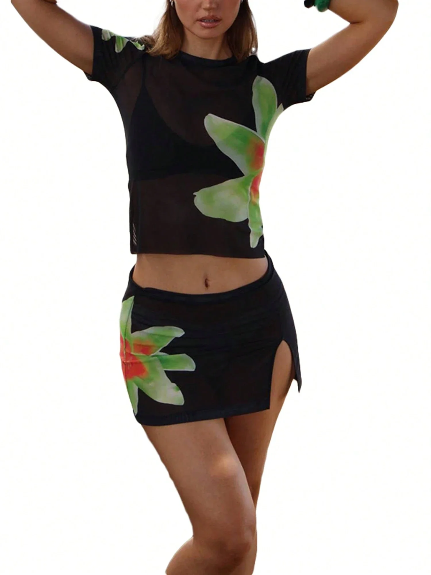 

Y2k Sheer Mesh 2 Piece Set Floral Print Crop Top Mini Skirt Beach Cover Up
