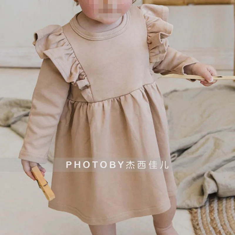 Girls Casual Dresses 2023 Korean Autumn New Baby Lotus Leaf Flower Edge Splicing Lovely Pleated Soild Round Collar