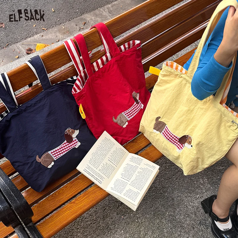 

ELFSACK 2025, осеннее новое поступление, дофамин, милая такса с принтом, цветные блоки, большая вместительная сумка-тоут, сумка на плечо для женщин