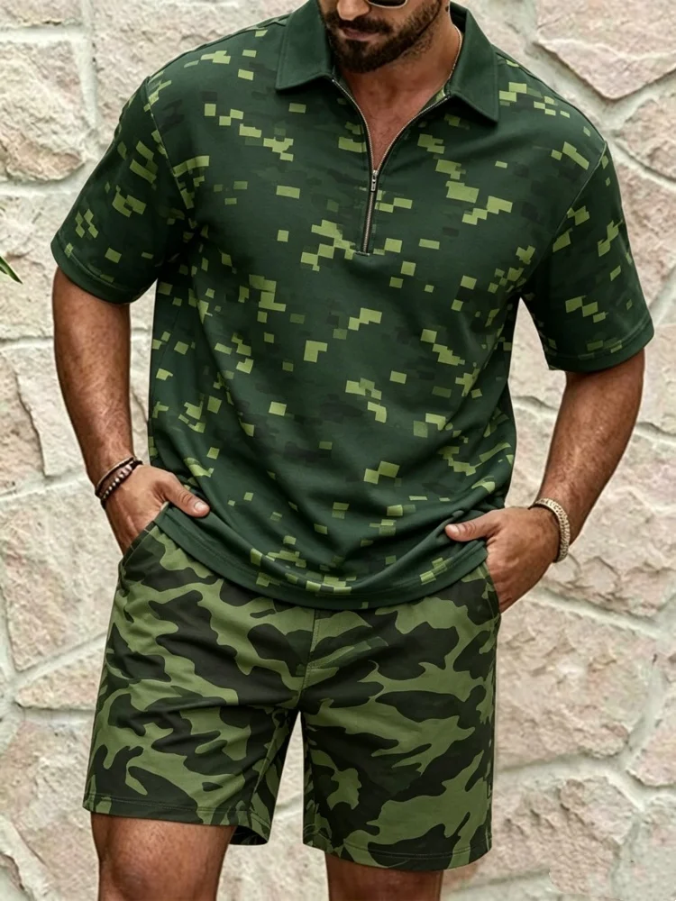 

Men's Half-Zip Short Sleeve Shirt & Shorts Set, Loose Comfort Digital Camo Print Casual Summer Outfit
