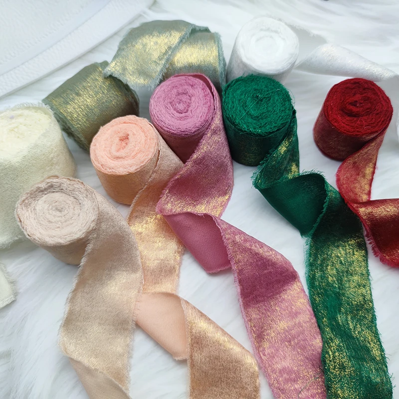 Sparkling Chiffon Silk Ribbon With Hand Torn Raw Edge Bouquet Bridal Gift Packaging Wedding Flower Bouquet Wrap Decoration