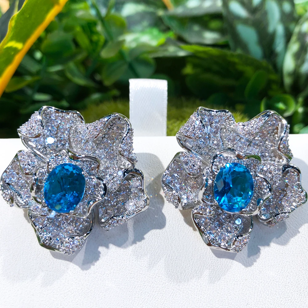 

Missvikki Luxury Clear Blue Flower Earrings For Women Accessories Full Cubic Zirconia Earrings pendientes mujer moda