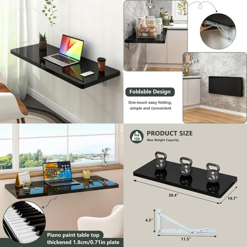 Mesa dobrável de parede de alto brilho, 39,4 L x 19,7 W, ideal para lavanderia, escritório doméstico e uso em cozinha