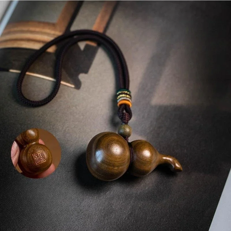 Bloodwood Gourd Hand Carved Solid Wood Lucky Charm Amulet Feng Shui Ornament for Men Women Home Car Desk Decoration