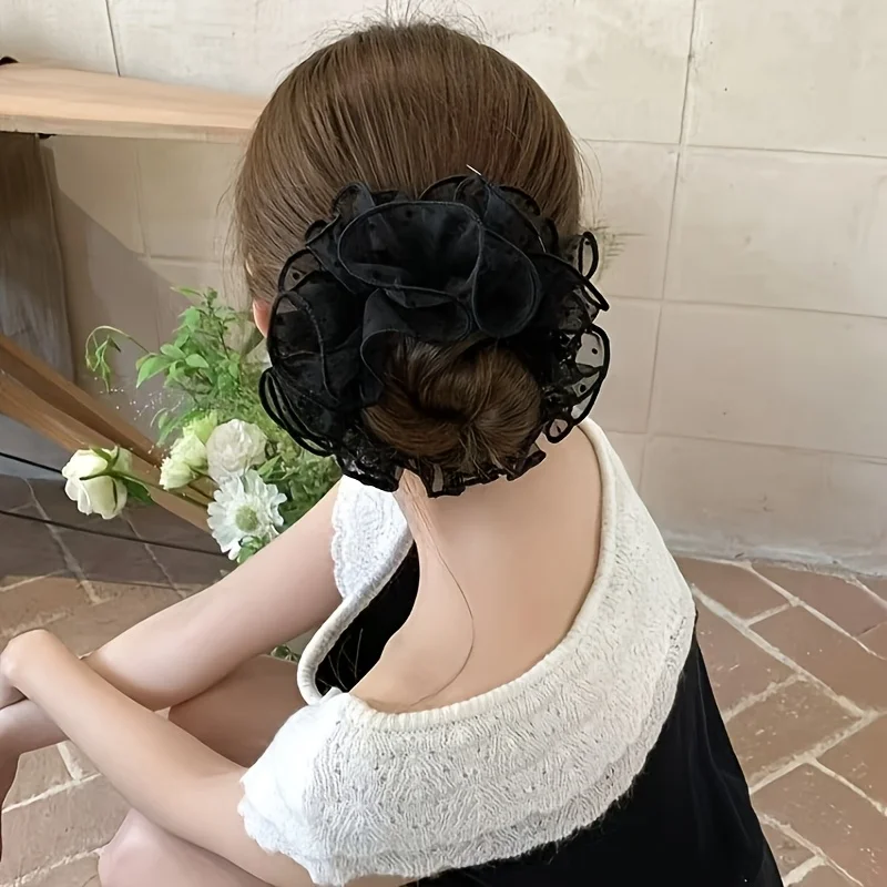 2-Pack Black Mesh Hair Ties, French-Style Elegant Mesh Polka Dot Scrunchies, Retro Chic Hair Ties for Buns, Versatile Hair Accessories That Go with Any Outfit, Gentle and Unique