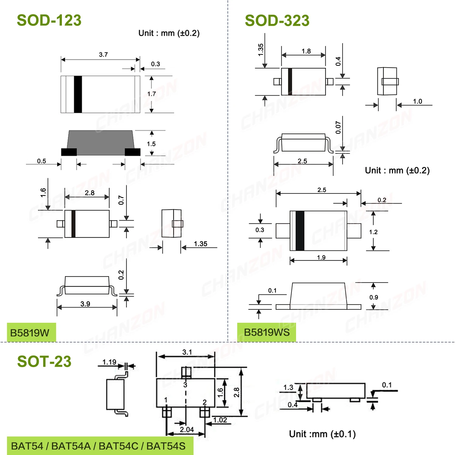 100Pcs / Pack B5819W B5819WS BAT54 BAT54A BAT54C BAT54S SOT-23 SOD-123 SOD-323 SMD Schottky Barrier Rectifier Diode SMT Diodes