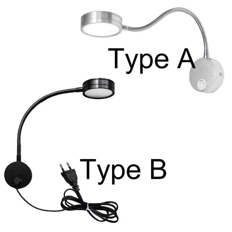 Silver Black LED Wall Lamps with Switch 3W 5W AC85-265V Bedroom Bedside Reading Light Direction Adjustable Indoor Lighting