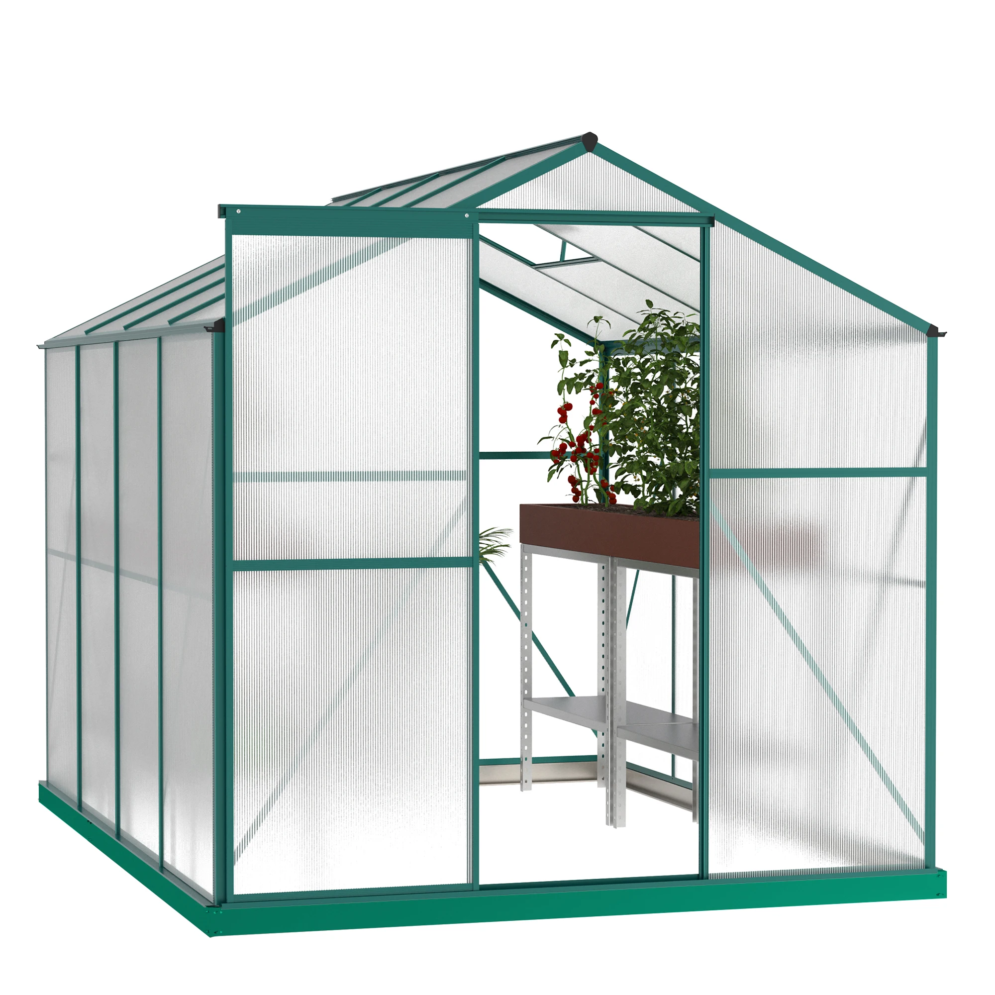 

6x8 FT Large Outdoor Greenhouse, Polycarbonate Greenhouse w/Roof Vent, Aluminum Walk-in Greenhouse for Garden, Backyard, Green